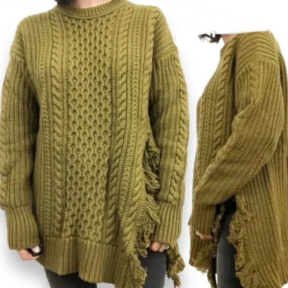 J Crew Green Cable Knit Sweater With Fringe Detail